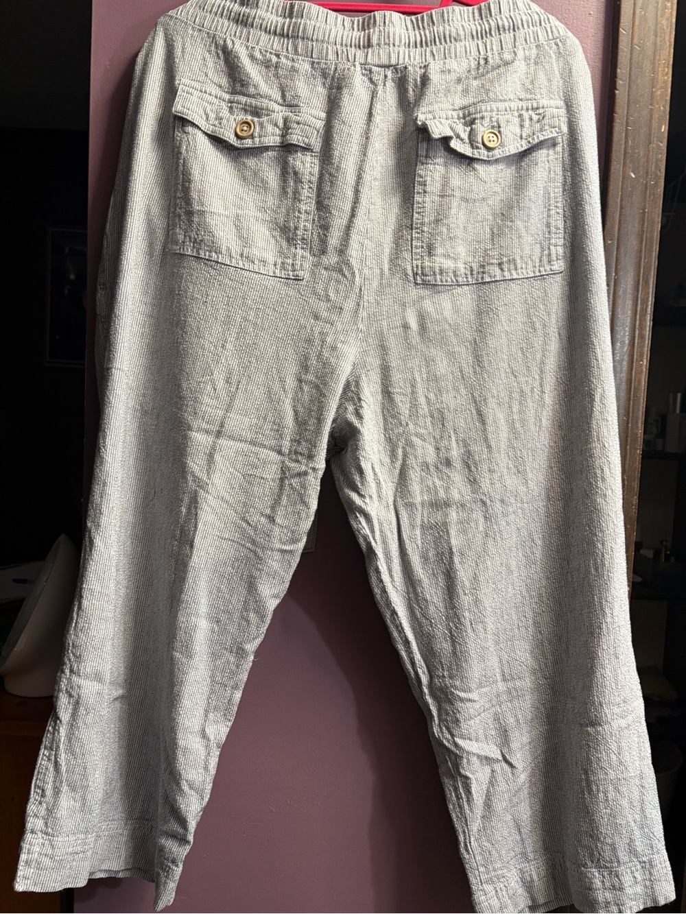 Navy and white pinstripe linen and rayon capri Pants